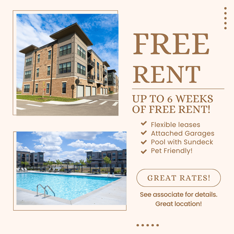 A building with a pool and a sign offering free rent for up to 6 weeks.