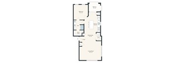 A floor plan of a house with a living room, dining area, kitchen, bathroom, bedroom and balcony.