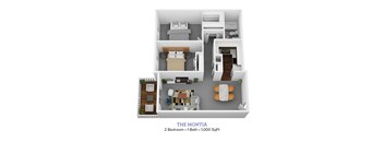 2 bed 1 bath floor plan at Bloomfield Apartments, Dayton