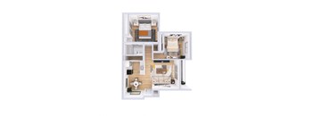 A top-down view of a modern apartment layout with a living room, kitchen, and bedroom.