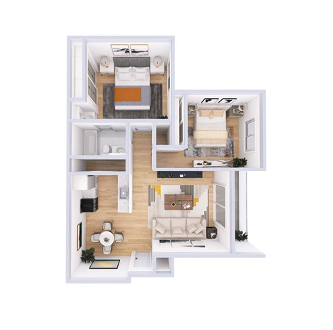 A top-down view of a modern apartment layout with a living room, kitchen, and bedroom.