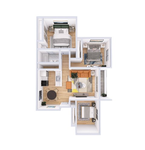 A top-down view of a small apartment layout with a kitchen, living room, bedroom, and bathroom.