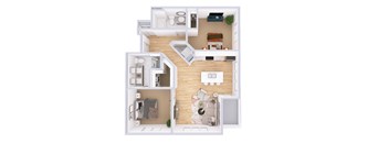 A top-down view of a small apartment with a kitchen, living room, and bedroom.