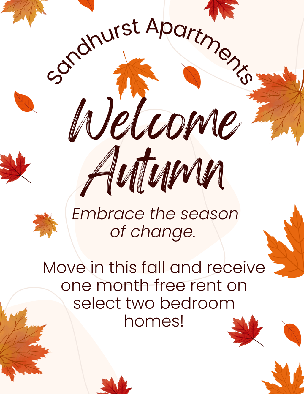 A fall-themed advertisement for Sandhurst Apartments offering a free month's rent on select two-bedroom homes.