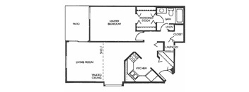 A floor plan of a house with a living room, kitchen, master bedroom, and bathroom.
