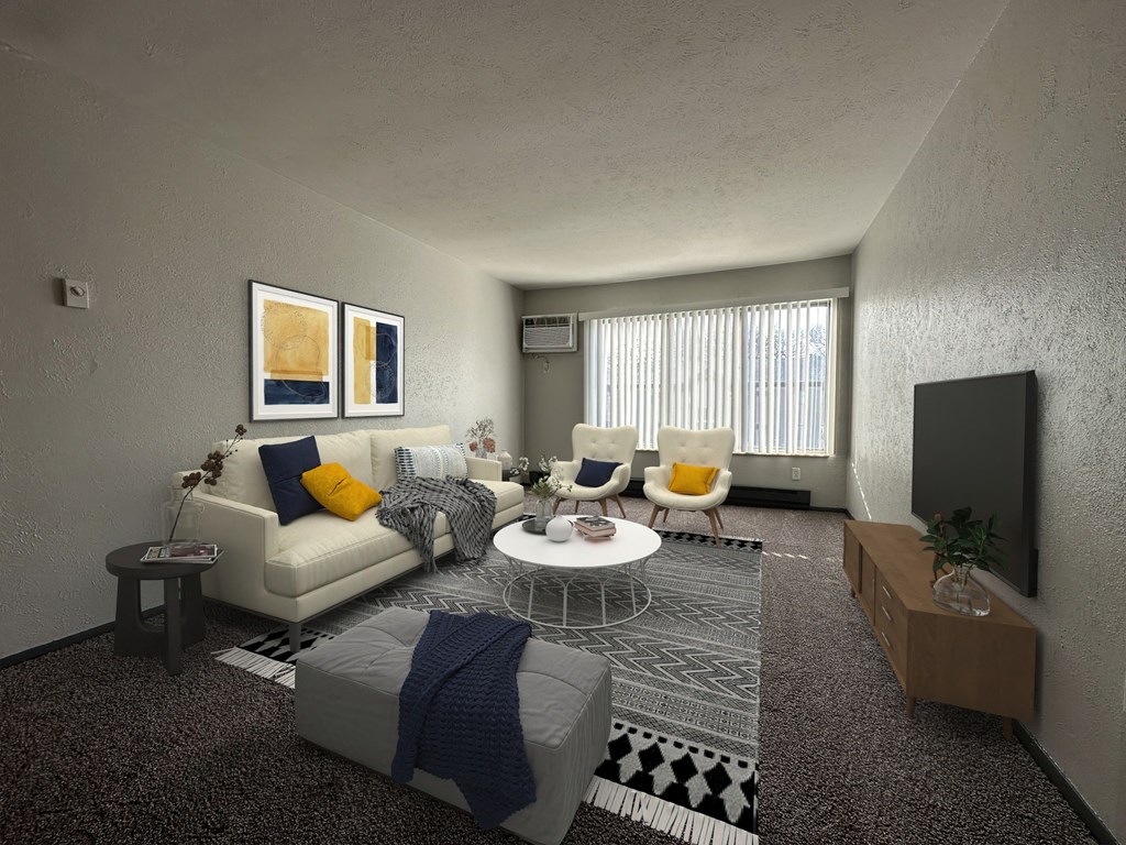 a rendering of a living room with a white couch and yellow and blue pillows