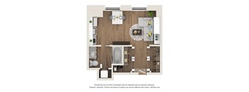 A 3D floor plan of a small apartment with a kitchen, living room, and bathroom.