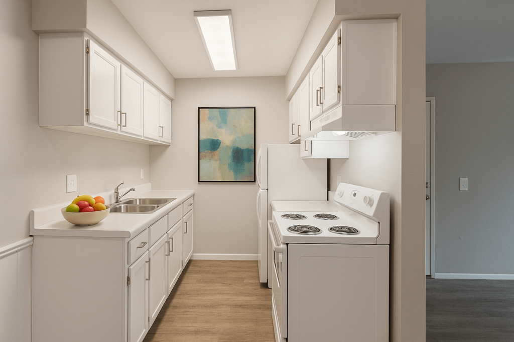 A kitchen with white cabinets and a white stove top oven.