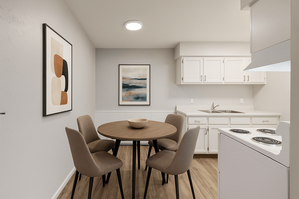 A modern kitchen with a dining table and chairs.