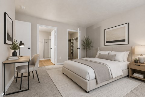 A bedroom with a large bed, a desk with a chair, and a nightstand with a lamp.
