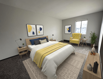 a bedroom with a bed and a chair in a room