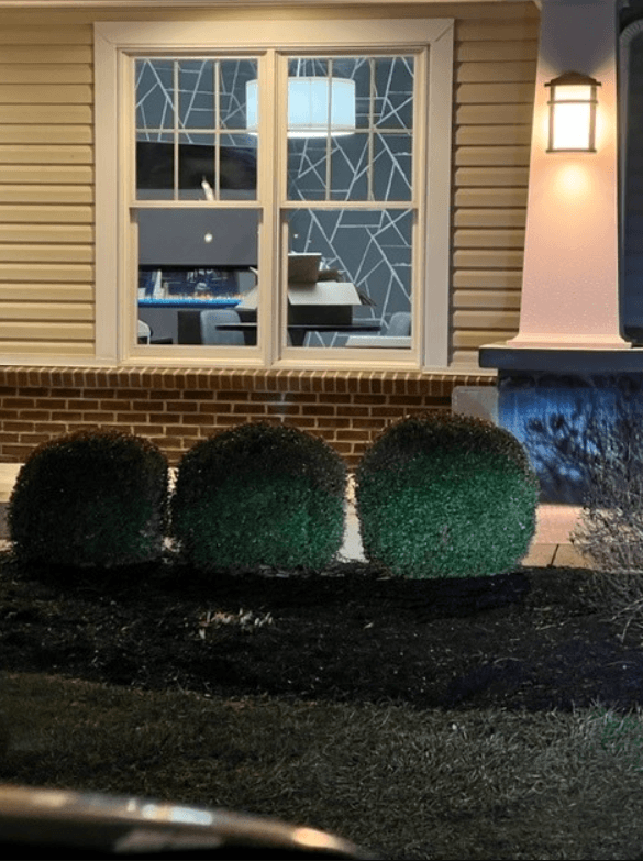a house with three hedge balls in front of it