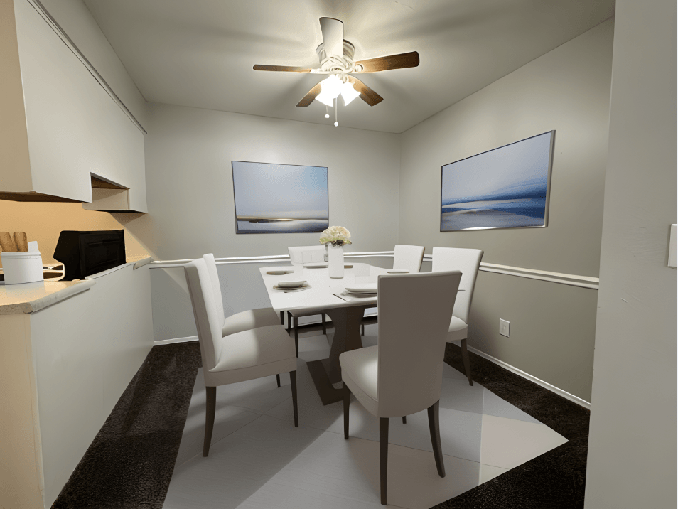 a rendering of a dining room with a table and chairs