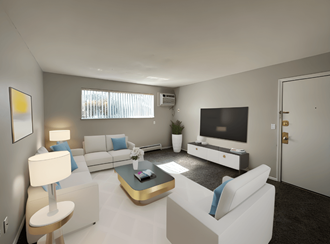 a white living room with white furniture and a television