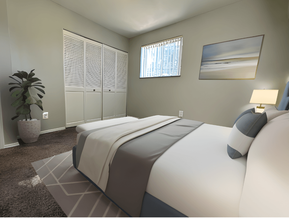 a bedroom with a bed and a plant and a window