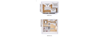 a comparison of a ground level and upper level floor plan of a house