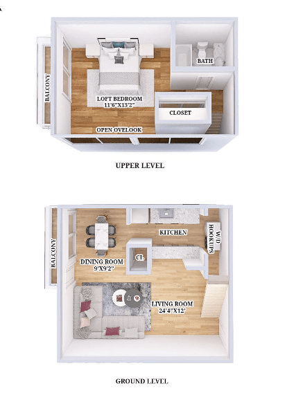 a comparison of a ground level and upper level floor plan of a house