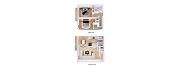 a comparison of a ground level and upper level floor plan of a house