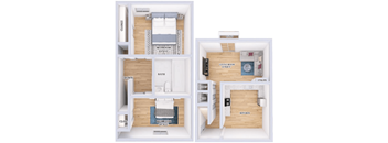 a stylized floor plan of a small house with a bedroom and a bathroom