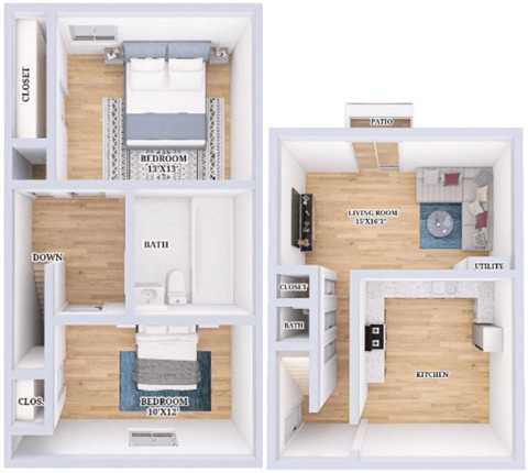 a stylized floor plan of a small house with a bedroom and a bathroom