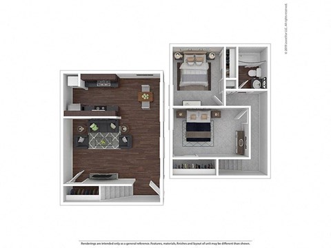 A floor plan of a house with a kitchen, living room, and two bedrooms.