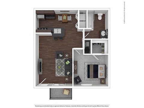 A floor plan of a small apartment with a kitchen, living room, and bathroom.