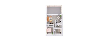 A 3D floor plan of a small apartment with a kitchen, living room, and bathroom.