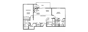 A floor plan of a house with labeled rooms such as Bedroom 2, Dining Room, Kitchen, and Bath.