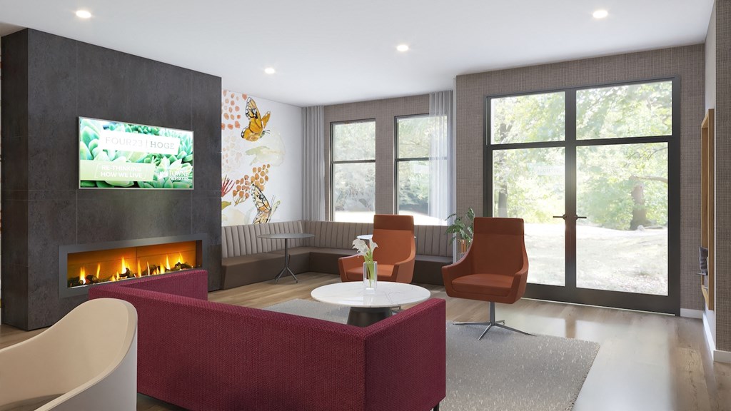 Rendering of a living room with a fireplace and a tv at Four23/Hoge, Cincinnati, Ohio