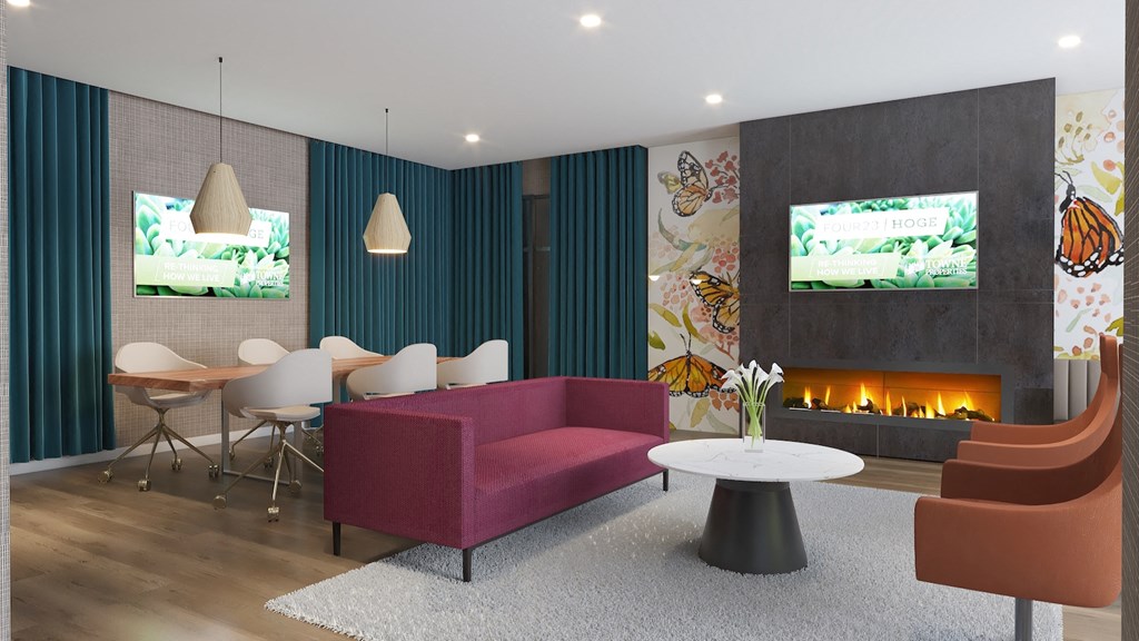 Rendering of a living room with a fireplace and tv at Four23/Hoge, Cincinnati