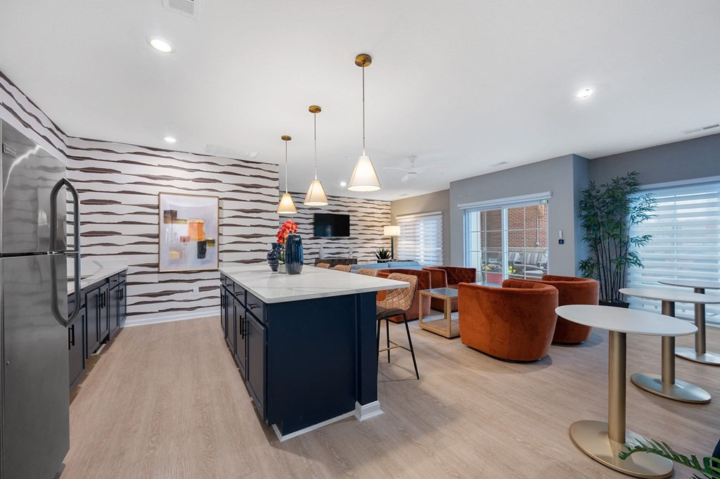 clubhouse with an island kitchen and living room at Monmouth Row Apartments, Newport, 41071