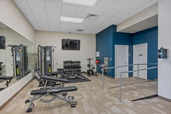 A gym with a blue wall and a mirror.