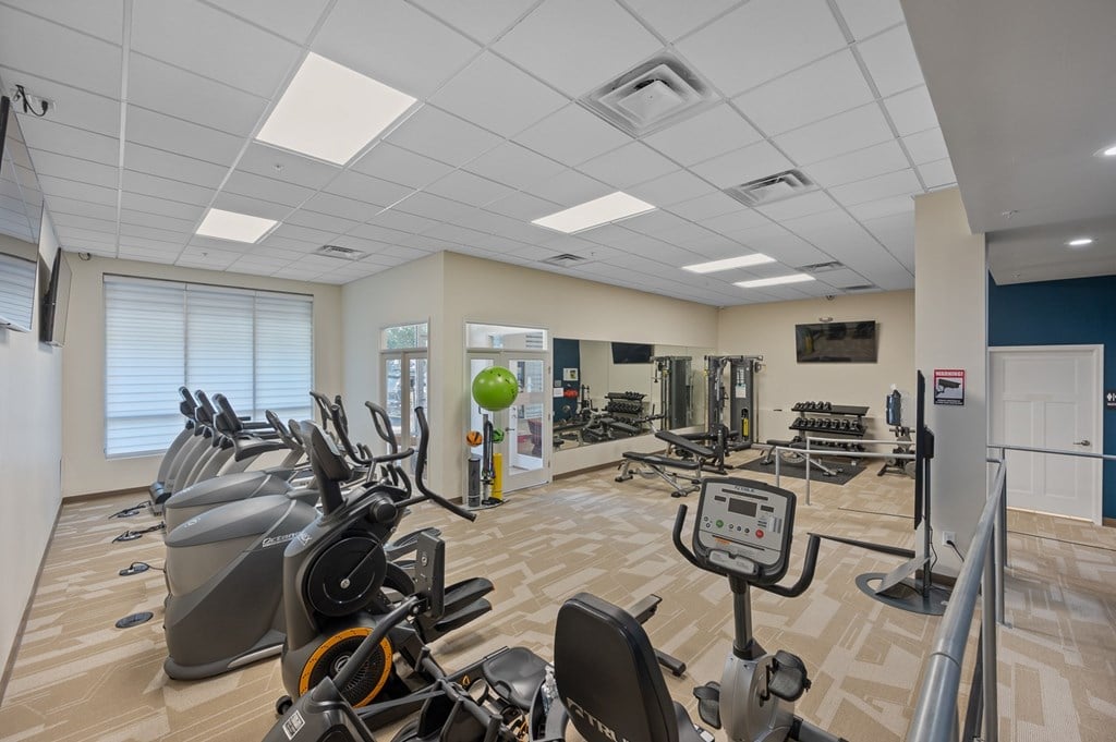 A gym with a variety of exercise equipment including treadmills, stationary bikes, and weight machines.