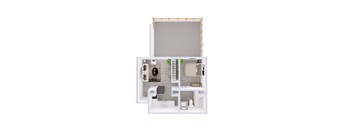 A white dollhouse with a grey wall and a brown floor.