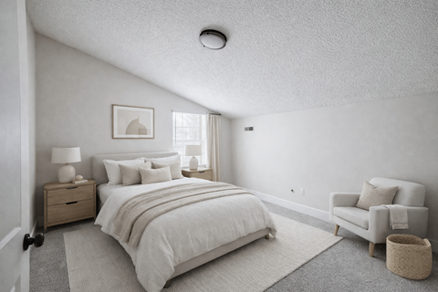 A bedroom with a bed, nightstand, chair, and window.