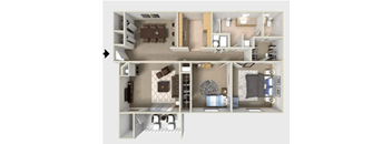 A floor plan of a two-bedroom apartment with a kitchen and living room.