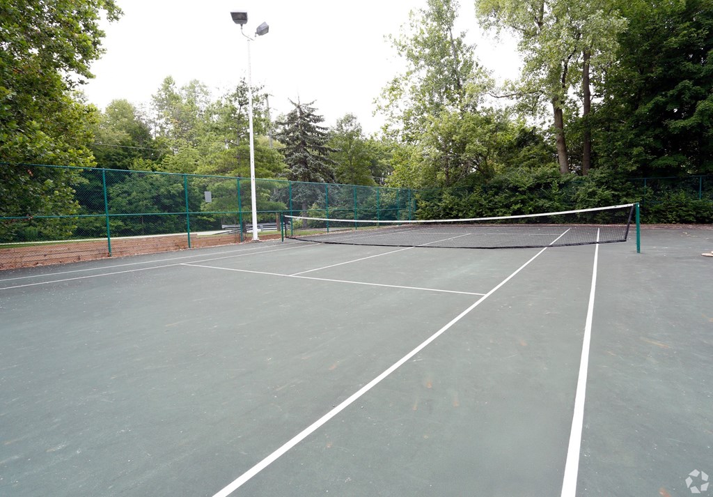 A tennis court surrounded by a green fence.