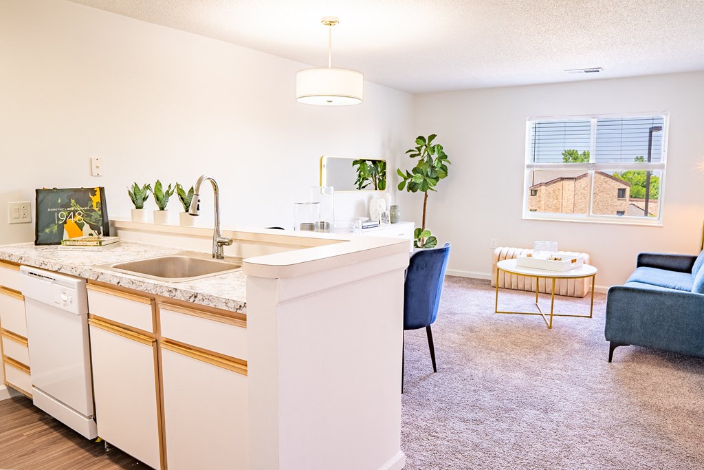 a kitchen and living room with a couch and coffee table