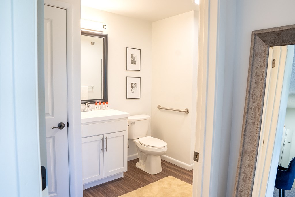 a bathroom with a toilet sink and mirror