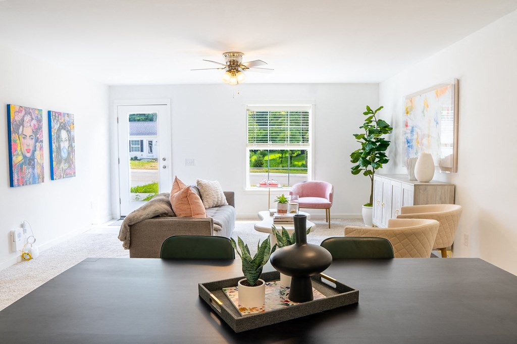 a living room with white walls and a large black table in the middle of the room