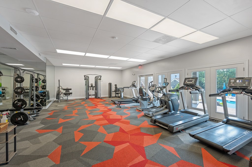 A gym with treadmills, weights and exercise equipment.