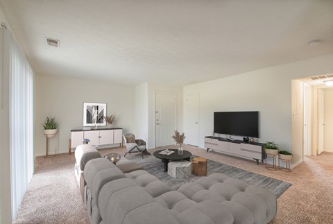 A modern living room with a grey sofa and a flat screen TV.