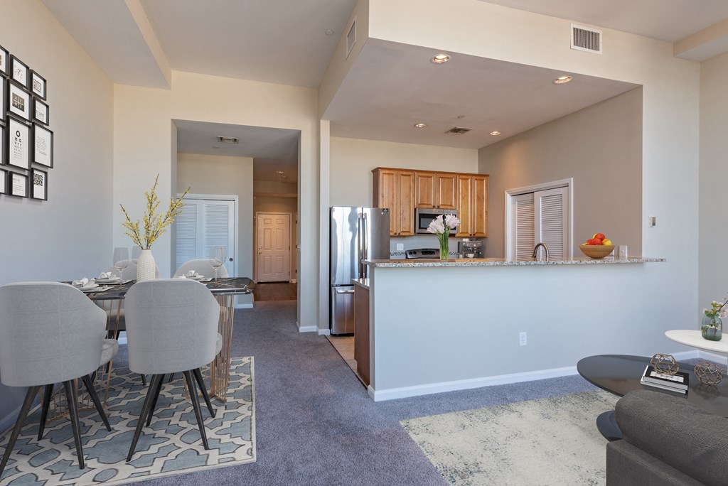 Dining Room and Kitchen View at Renaissance at the Power Building, Cincinnati, OH
