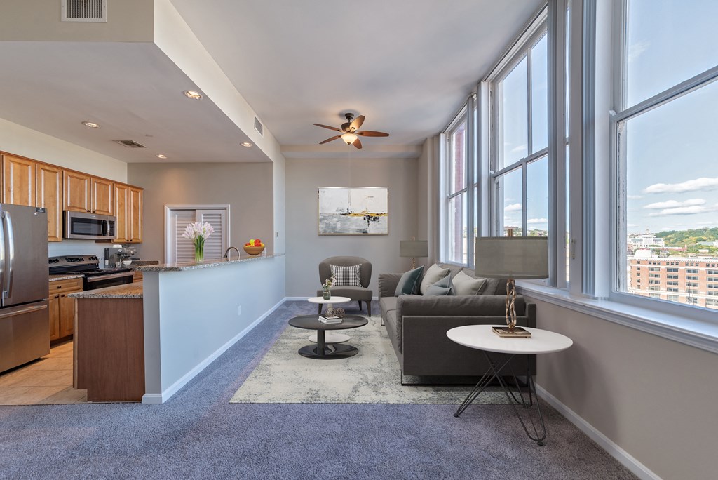 Living Room With Kitchen View at Renaissance at the Power Building, Cincinnati, 45202