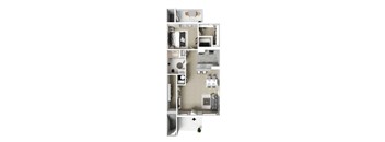 A floor plan of a small apartment with a kitchen, living room, and bathroom.