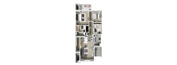 A floor plan of a small apartment with a kitchen, living room, and two bedrooms.