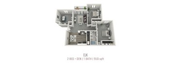 A 2 bedroom, 1 bathroom apartment with a total area of 950 sqft.