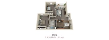 A 2 bedroom, 1 bathroom apartment is 821 square feet.