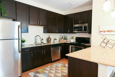 a kitchen with black cabinets and stainless steel appliances