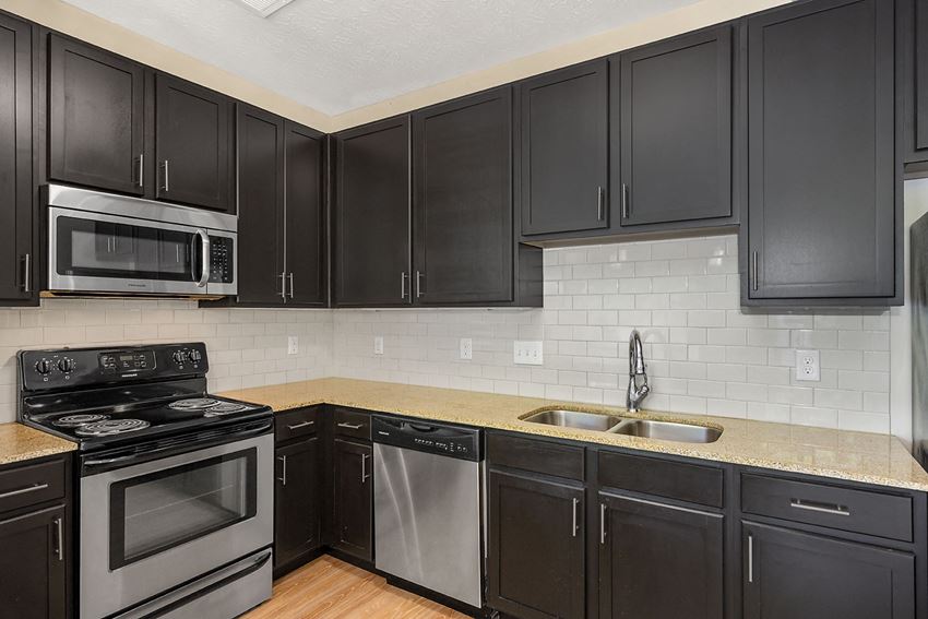 a kitchen with black cabinets and stainless steel appliances